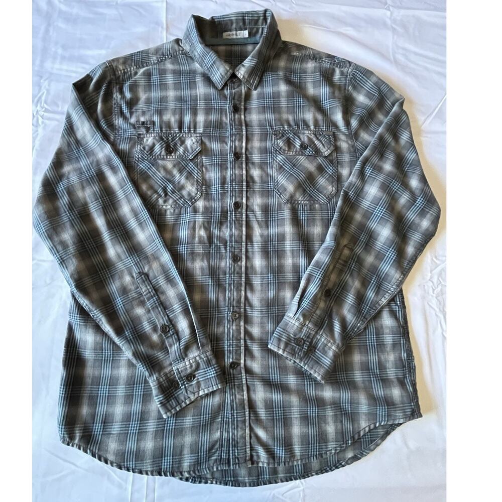 Gramicci Plaid Wool Blend Button Shirt Mens Large Gray Blue Long Sleeve Outdoor